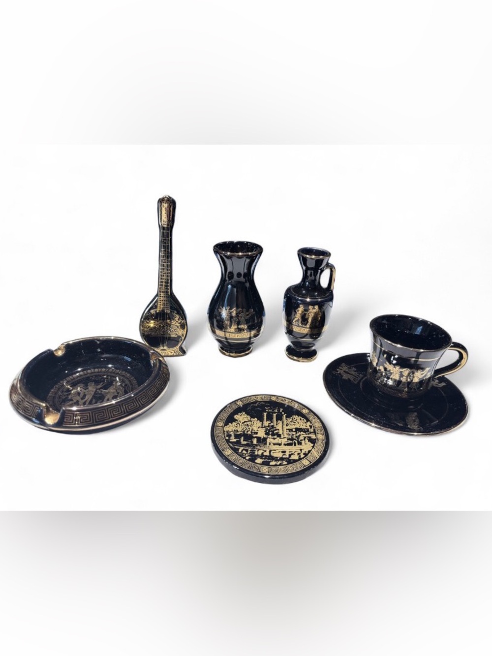 Vintage Greek Black & 24K Gold Ceramic Souvenir Lot - 7 Pcs As-Is